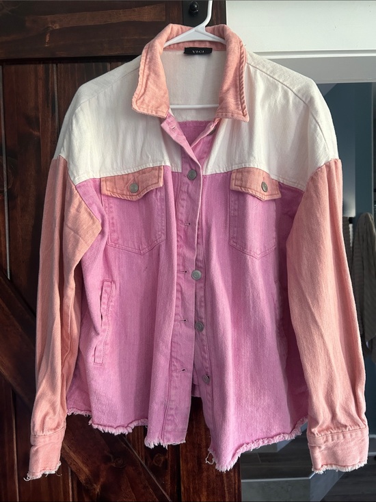 Vici Jackets & Blazers - VICI Pink & Peach Colorblock Denim Shacket with White Yoke